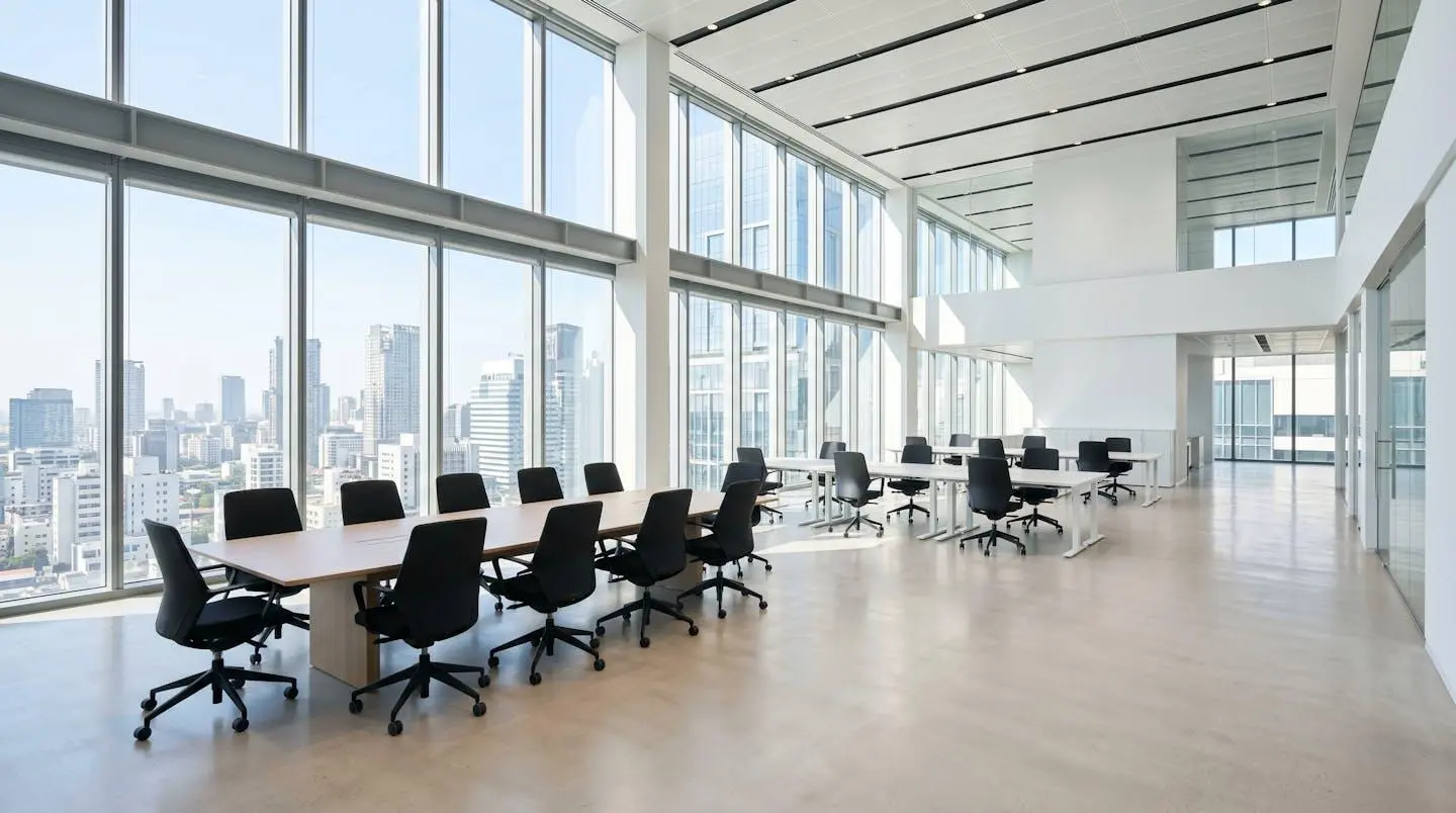 Bureau moderne vide avec grande table de réunion, chaises contemporaines et lumière naturelle abondante traversant de larges fenêtres