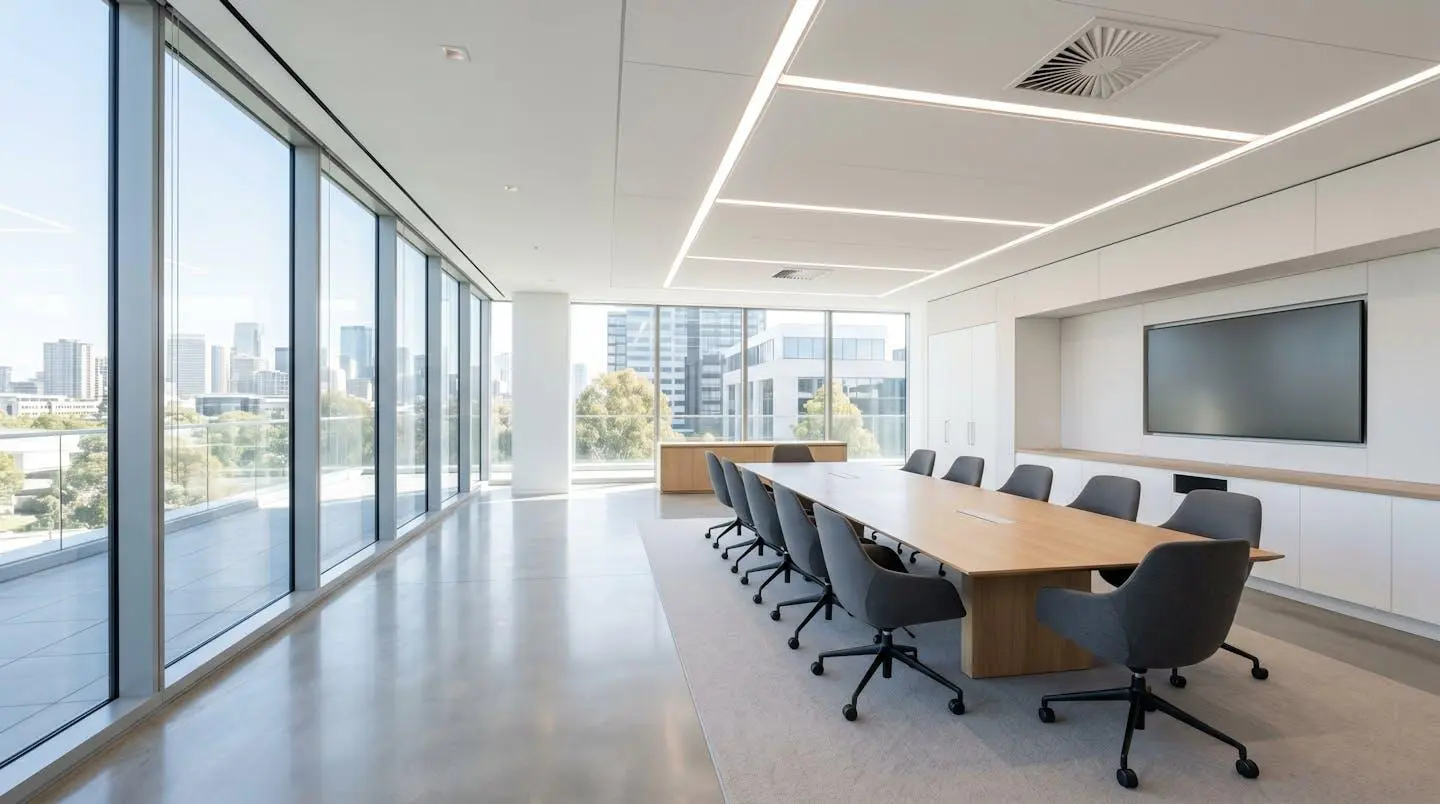 Bureau moderne vide avec grande table de réunion, chaises contemporaines et lumière naturelle abondante traversant de larges fenêtres