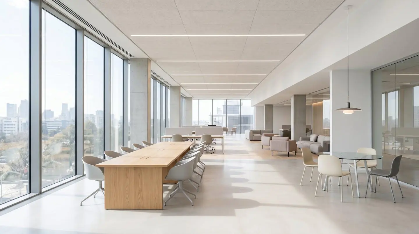 Bureau moderne vide avec grande table de réunion, chaises contemporaines et lumière naturelle abondante traversant de larges fenêtres