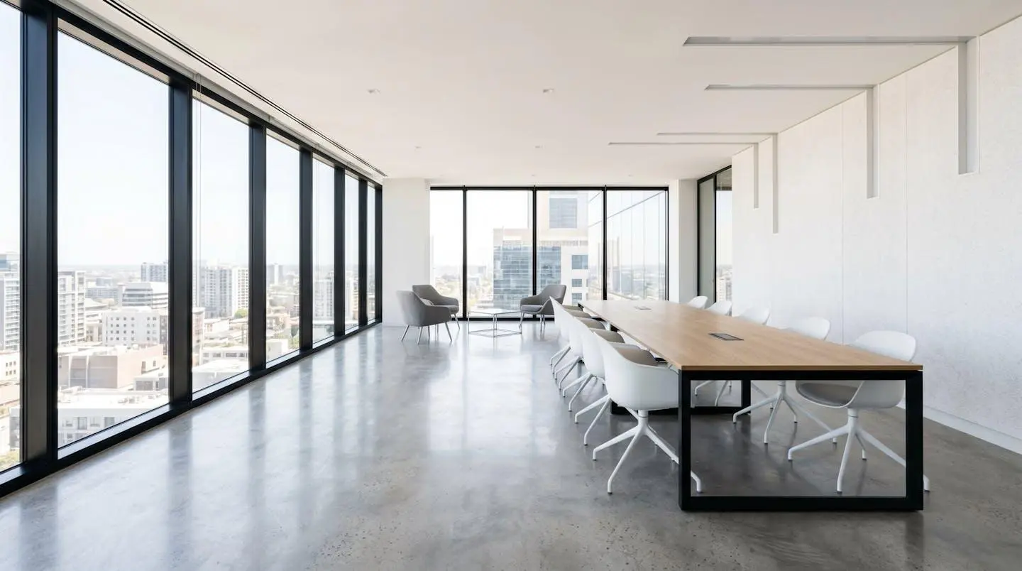 Bureau moderne vide avec grande table de réunion, chaises contemporaines et lumière naturelle abondante traversant de larges fenêtres