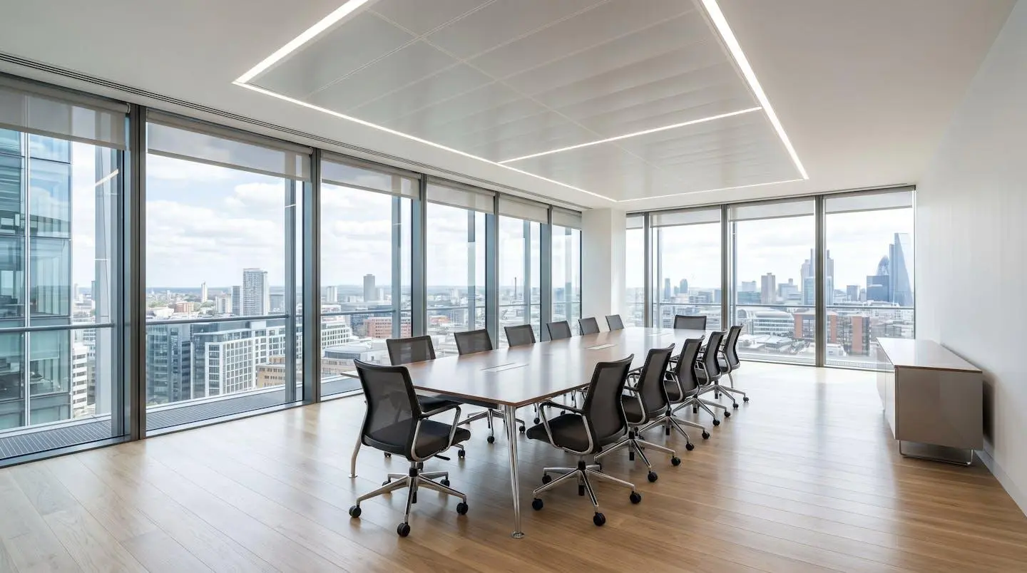 Bureau moderne vide avec grande table de réunion, chaises contemporaines et lumière naturelle abondante traversant de larges fenêtres