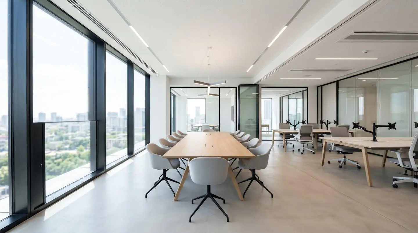 Bureau moderne vide avec grande table de réunion, chaises contemporaines et lumière naturelle abondante traversant de larges fenêtres