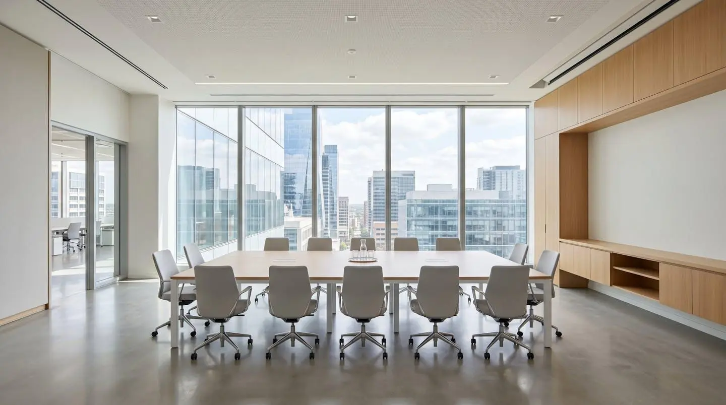 Bureau moderne vide avec grande table de réunion, chaises contemporaines et lumière naturelle abondante traversant de larges fenêtres