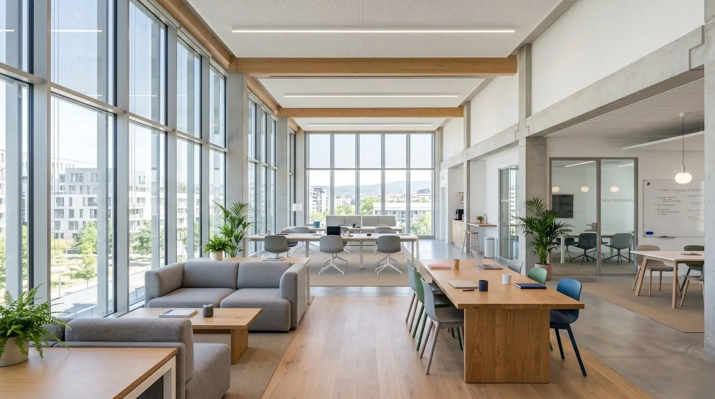 Bureau PME moderne et lumineux avec grandes fenêtres, espace de travail collaboratif aux lignes épurées