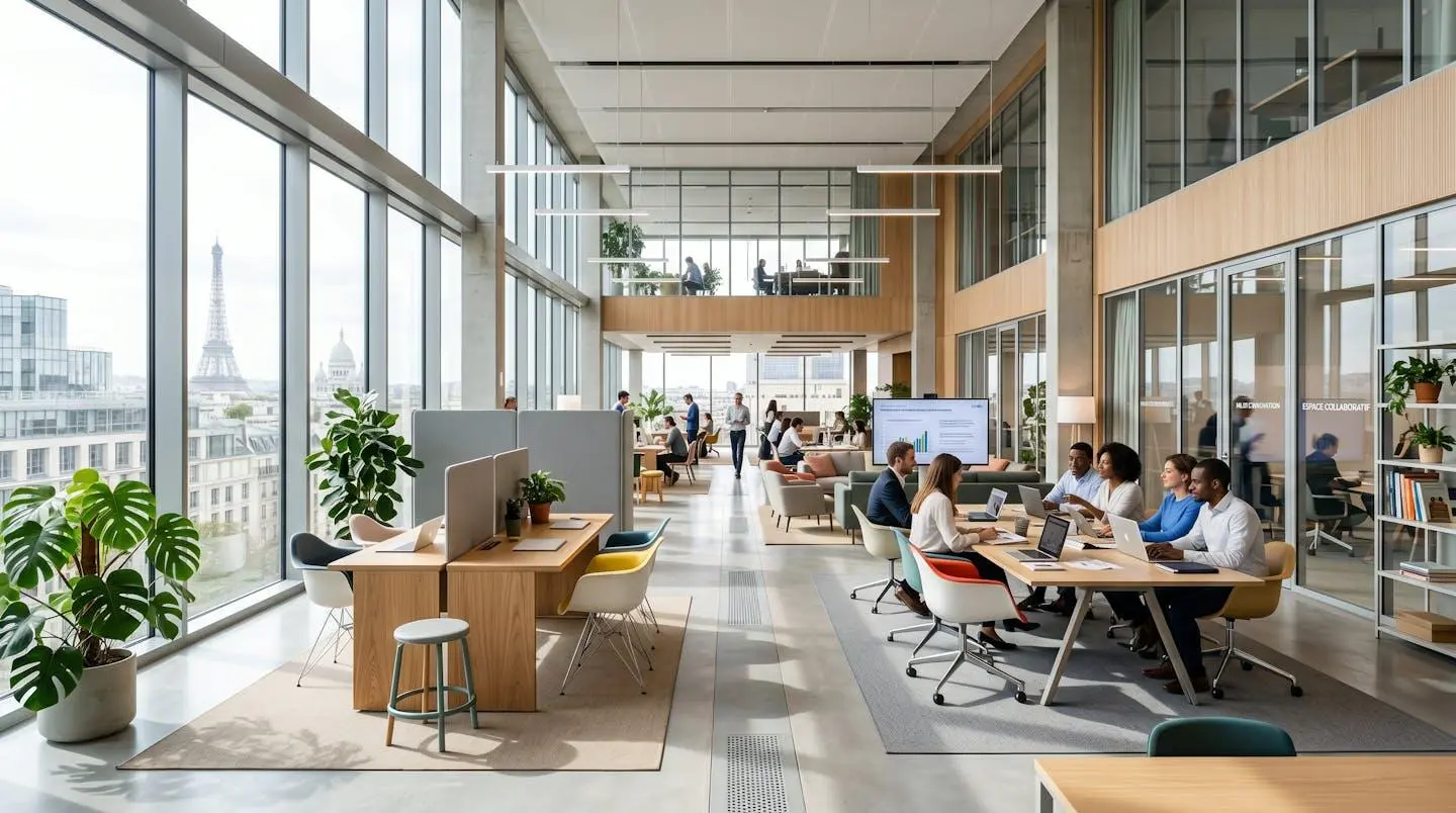 Bureau PME moderne et lumineux avec grandes fenêtres, espace de travail collaboratif aux lignes épurées