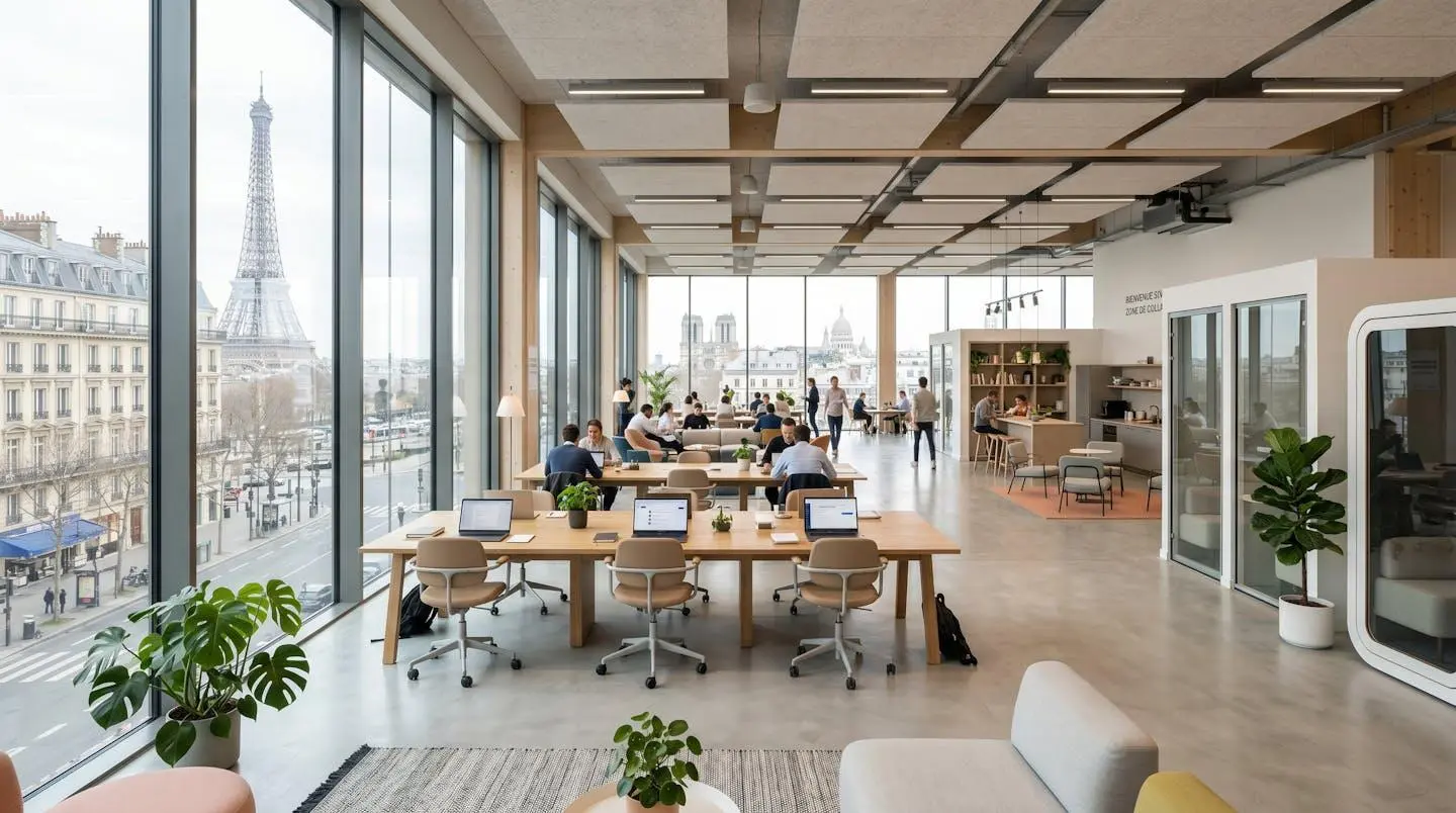 Bureau PME moderne et lumineux avec grandes fenêtres, espace de travail collaboratif aux lignes épurées