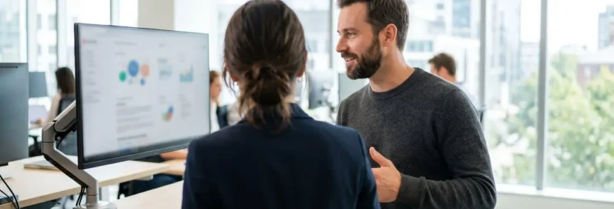 Deux collègues vus de dos discutent devant un ordinateur dans un open space lumineux et contemporain