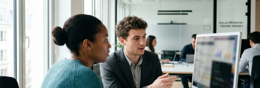 Deux collègues vus de dos discutent devant un ordinateur dans un open space lumineux et contemporain