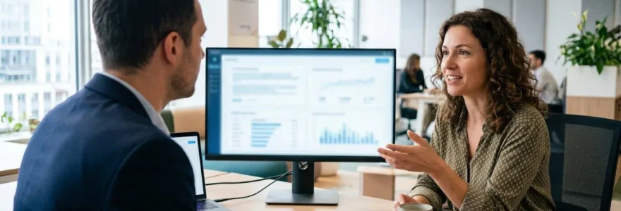 Deux collègues vus de dos discutent devant un ordinateur dans un open space lumineux et contemporain