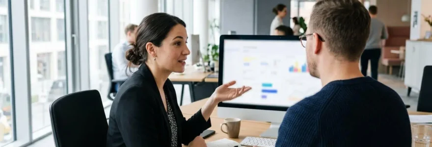 Deux collègues vus de dos discutent devant un ordinateur dans un open space lumineux et contemporain