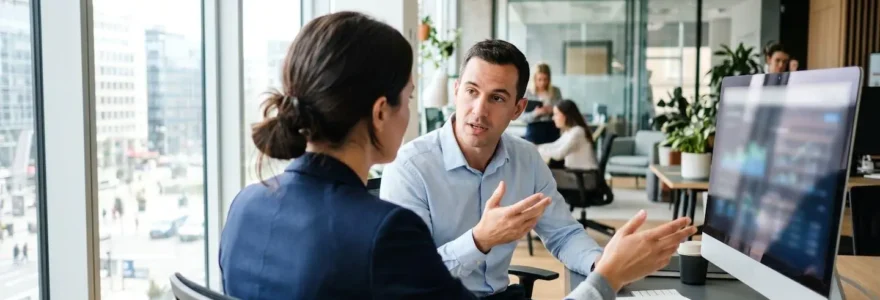 Deux collègues vus de dos discutent devant un ordinateur dans un open space lumineux et contemporain