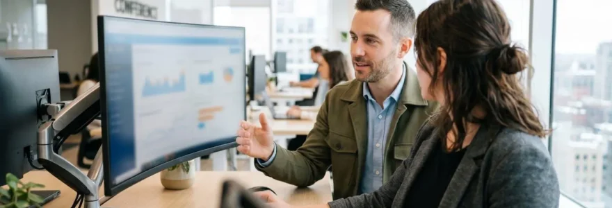 Deux collègues vus de dos discutent devant un ordinateur dans un open space lumineux et contemporain