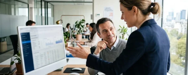 Deux collègues vus de dos discutent devant un ordinateur dans un open space lumineux et contemporain