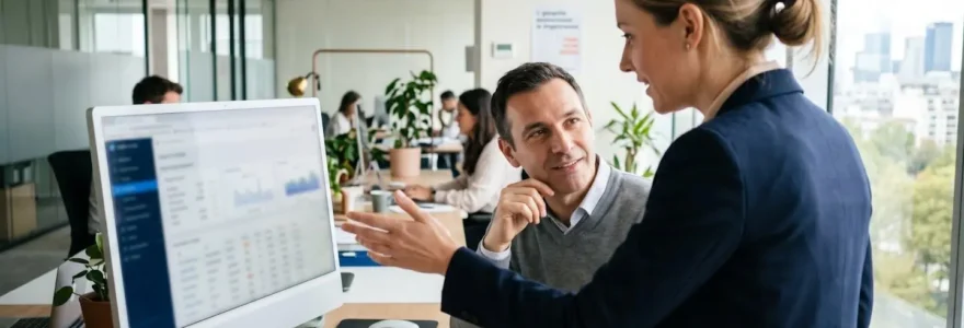 Deux collègues vus de dos discutent devant un ordinateur dans un open space lumineux et contemporain
