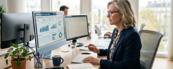 Une directrice administrative et financière consulte des tableaux de bord financiers sur son ordinateur dans un bureau moderne et lumineux