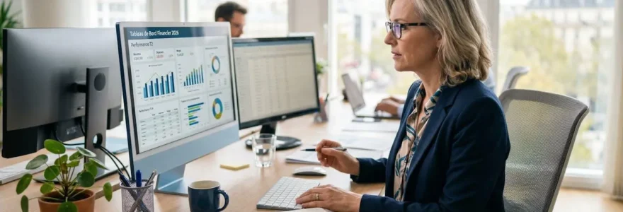 Une directrice administrative et financière consulte des tableaux de bord financiers sur son ordinateur dans un bureau moderne et lumineux