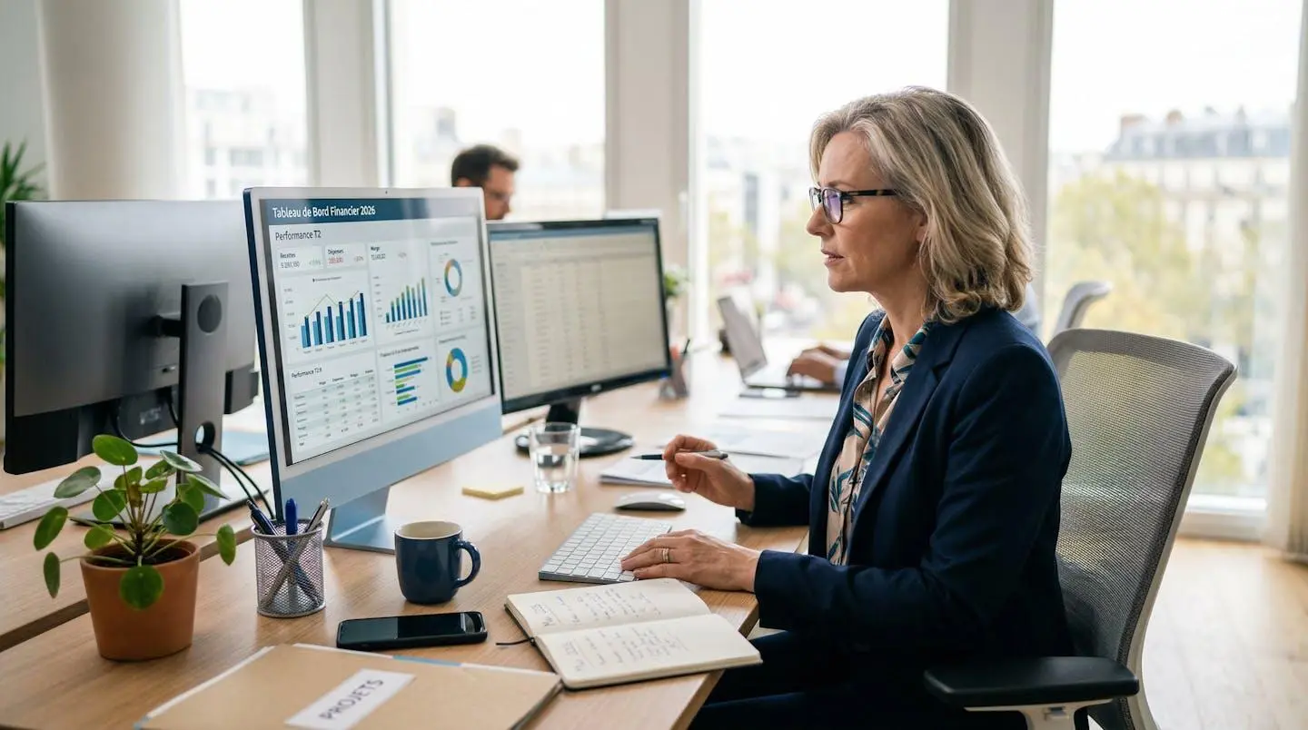 Une directrice administrative et financière consulte des tableaux de bord financiers sur son ordinateur dans un bureau moderne et lumineux