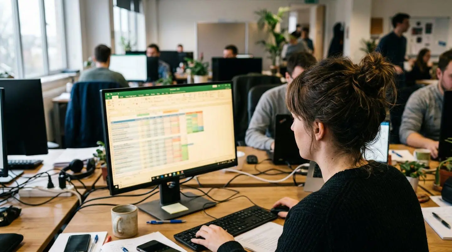 Personne de dos consultant un écran d'ordinateur avec tableur visible en arrière-plan d'un open-space