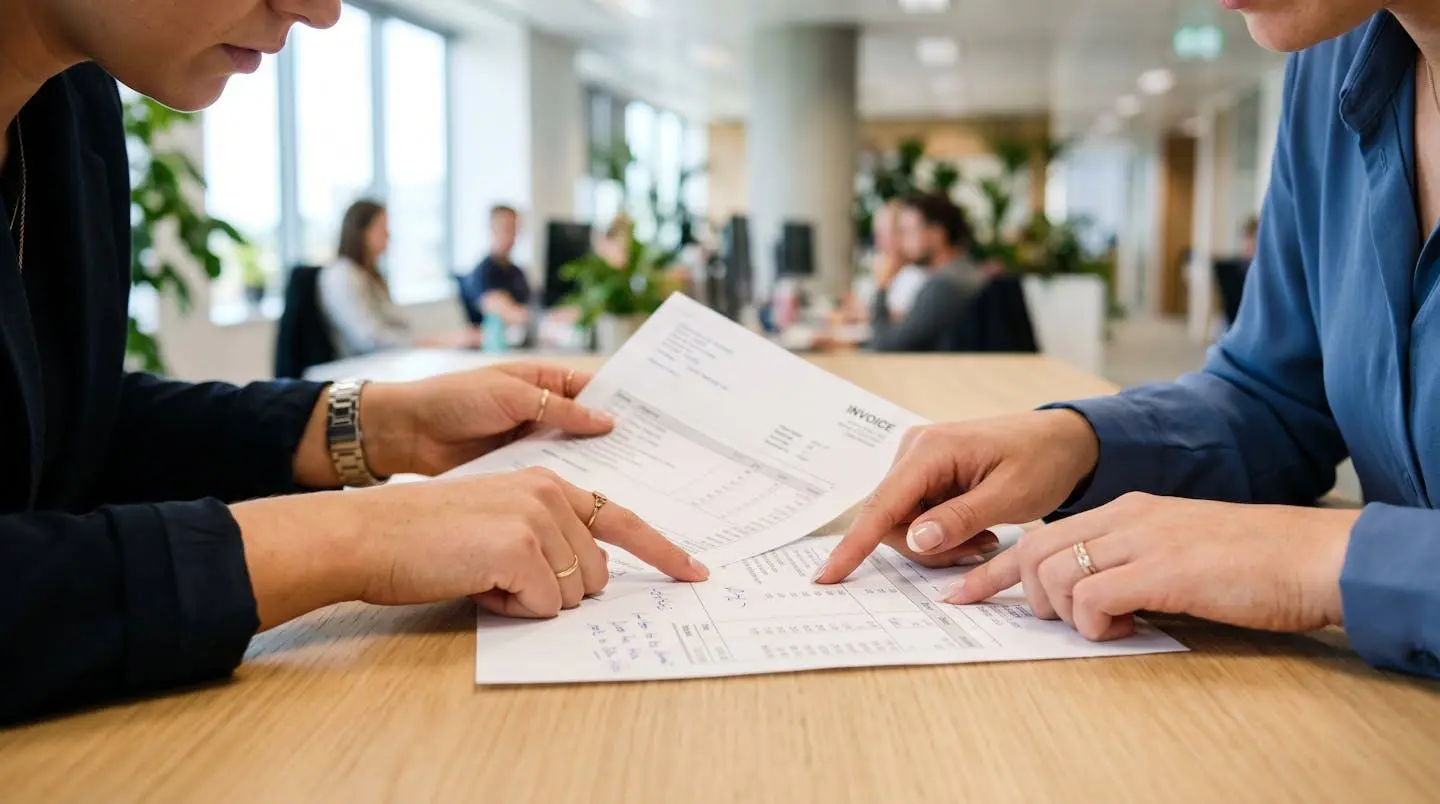 Deux collaboratrices du service comptabilité d'une PME examinent ensemble des factures impayées dans un open space lumineux