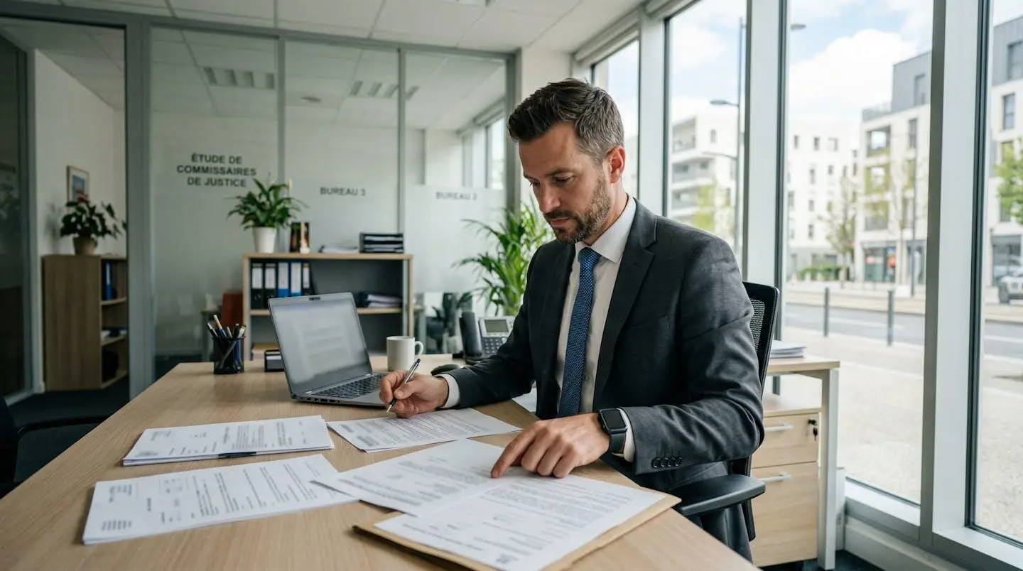 Un huissier de justice prépare un dossier de recouvrement dans son bureau, documents étalés sur la table