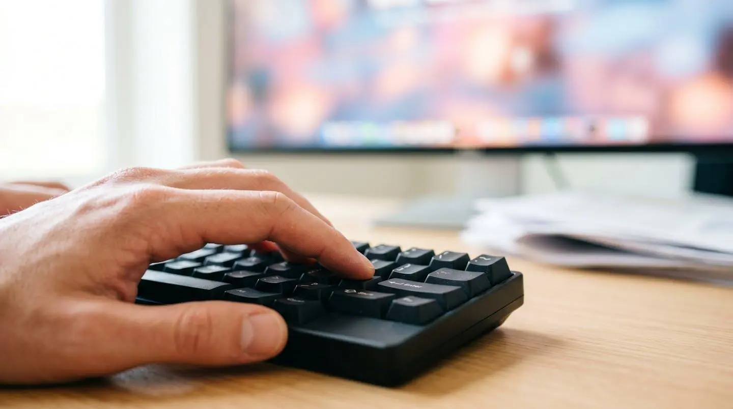 Gros plan d'une main tapant sur un clavier d'ordinateur moderne avec un écran flouté en arrière-plan