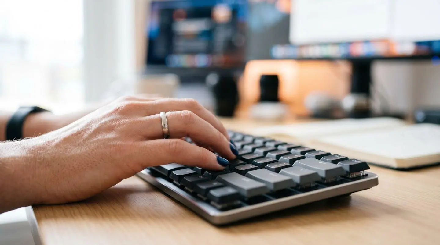 Gros plan d'une main tapant sur un clavier d'ordinateur moderne avec un écran flouté en arrière-plan
