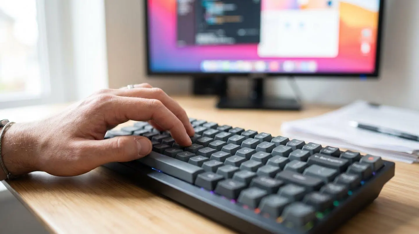 Gros plan d'une main tapant sur un clavier d'ordinateur moderne avec un écran flouté en arrière-plan