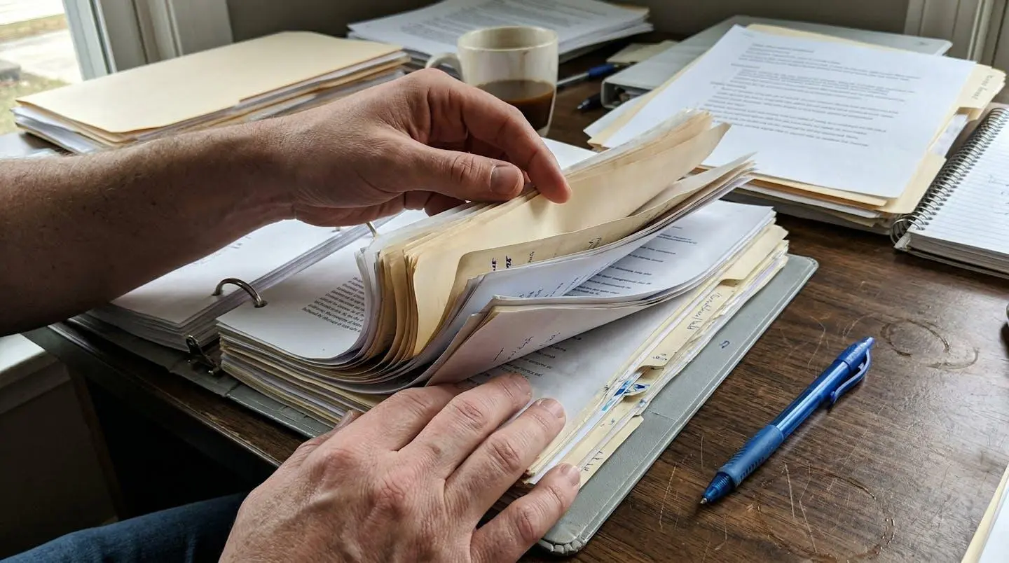 Mains feuilletant un épais classeur de documents sur un bureau encombré de dossiers et d'un stylo
