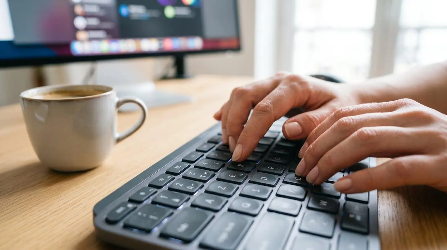 Gros plan sur des mains tapant sur un clavier d'ordinateur moderne avec une tasse de café posée à proximité