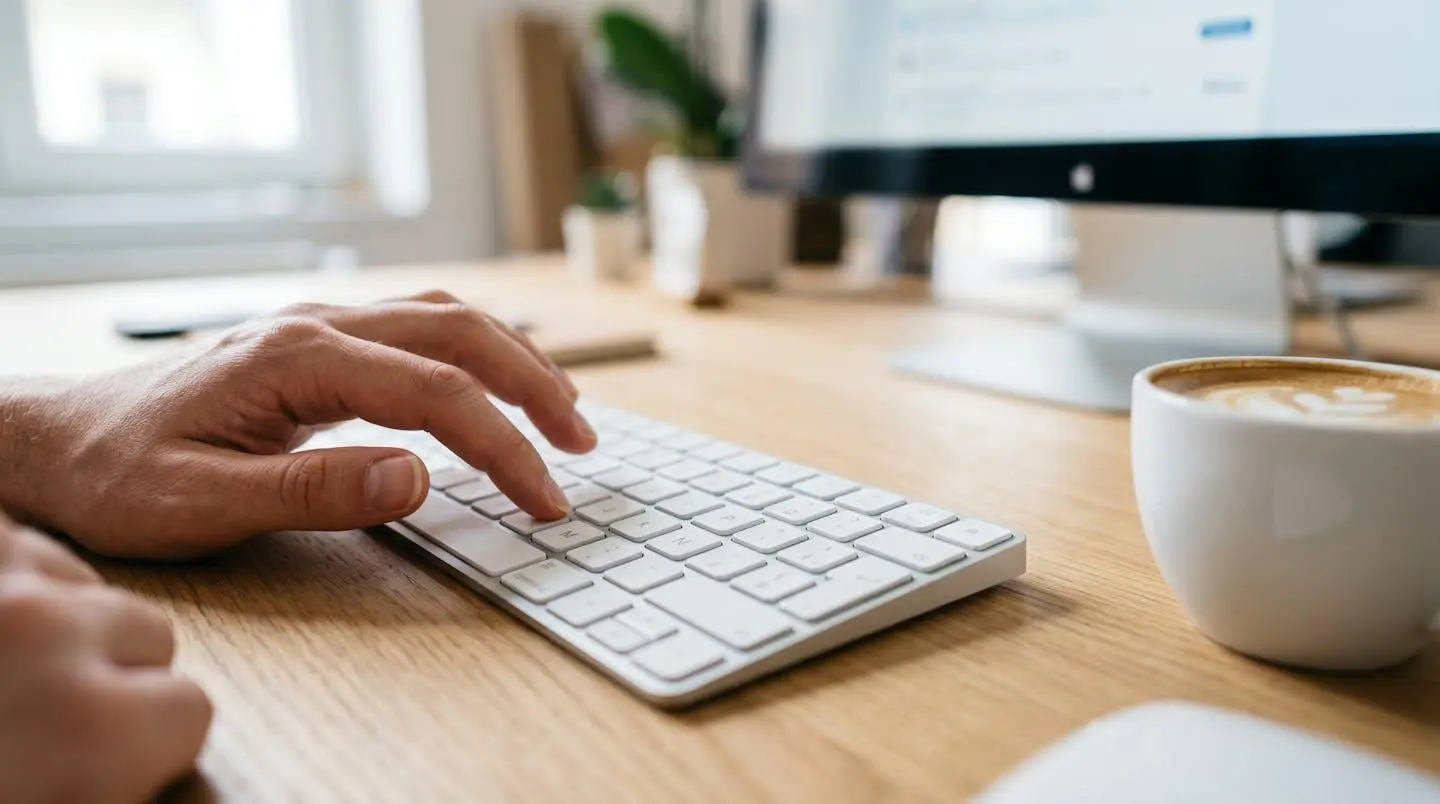 Gros plan sur des mains tapant sur un clavier d'ordinateur moderne avec une tasse de café posée à proximité