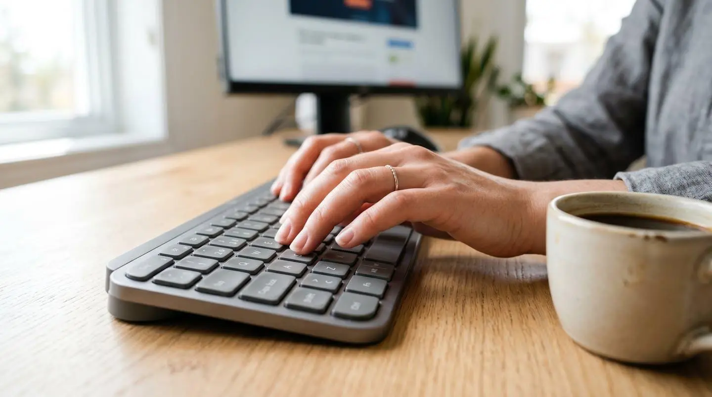 Gros plan sur des mains tapant sur un clavier d'ordinateur moderne avec une tasse de café posée à proximité