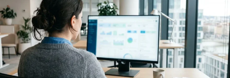 Un responsable financier consulte un tableau de bord sur son ordinateur dans un bureau moderne éclairé par la lumière naturelle