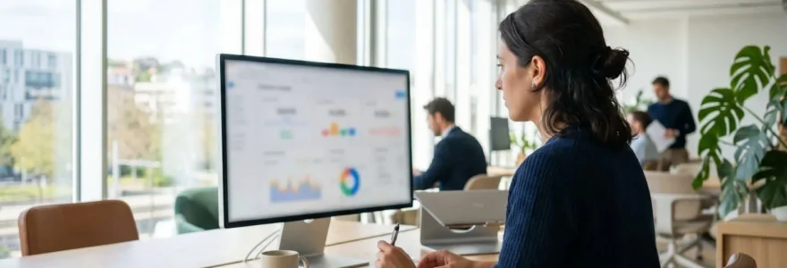 Un responsable financier consulte un tableau de bord sur son ordinateur dans un bureau moderne éclairé par la lumière naturelle