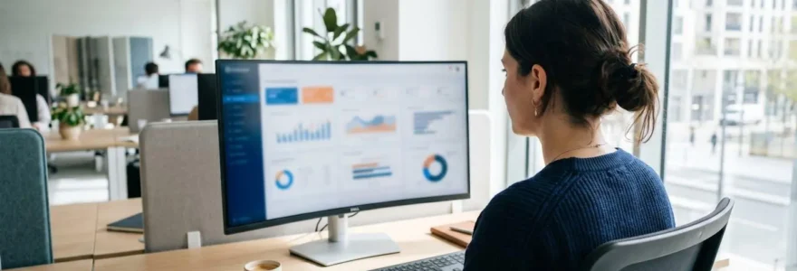 Un responsable financier consulte un tableau de bord sur son ordinateur dans un bureau moderne éclairé par la lumière naturelle