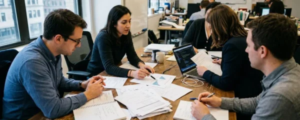 Élus du personnel réunis autour d'une table de réunion, documents papier et ordinateur portable ouverts, dans une salle d'entreprise éclairée naturellement