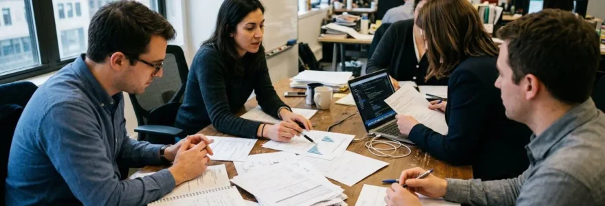 Élus du personnel réunis autour d'une table de réunion, documents papier et ordinateur portable ouverts, dans une salle d'entreprise éclairée naturellement