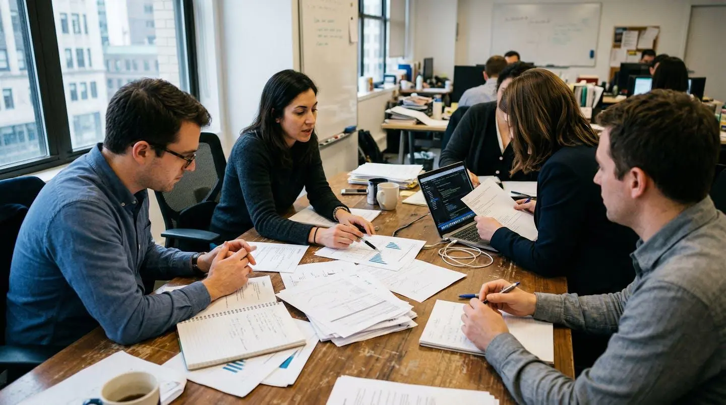 Élus du personnel réunis autour d'une table de réunion, documents papier et ordinateur portable ouverts, dans une salle d'entreprise éclairée naturellement