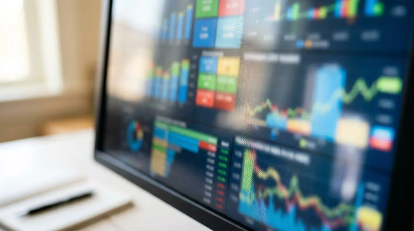 Gros plan sur un écran d'ordinateur affichant un tableau de bord financier avec des graphiques et des indicateurs d'encours clients floutés