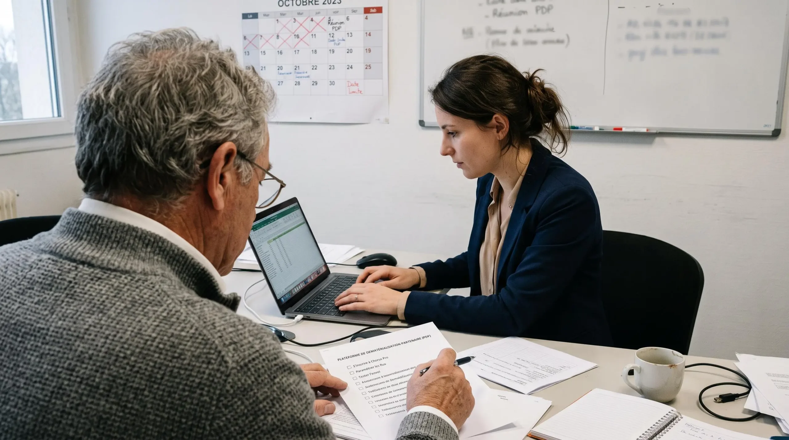 Une responsable administrative et une comptable préparent ensemble le plan de mise en conformité, le doigt posé sur un document de suivi posé sur le bureau.