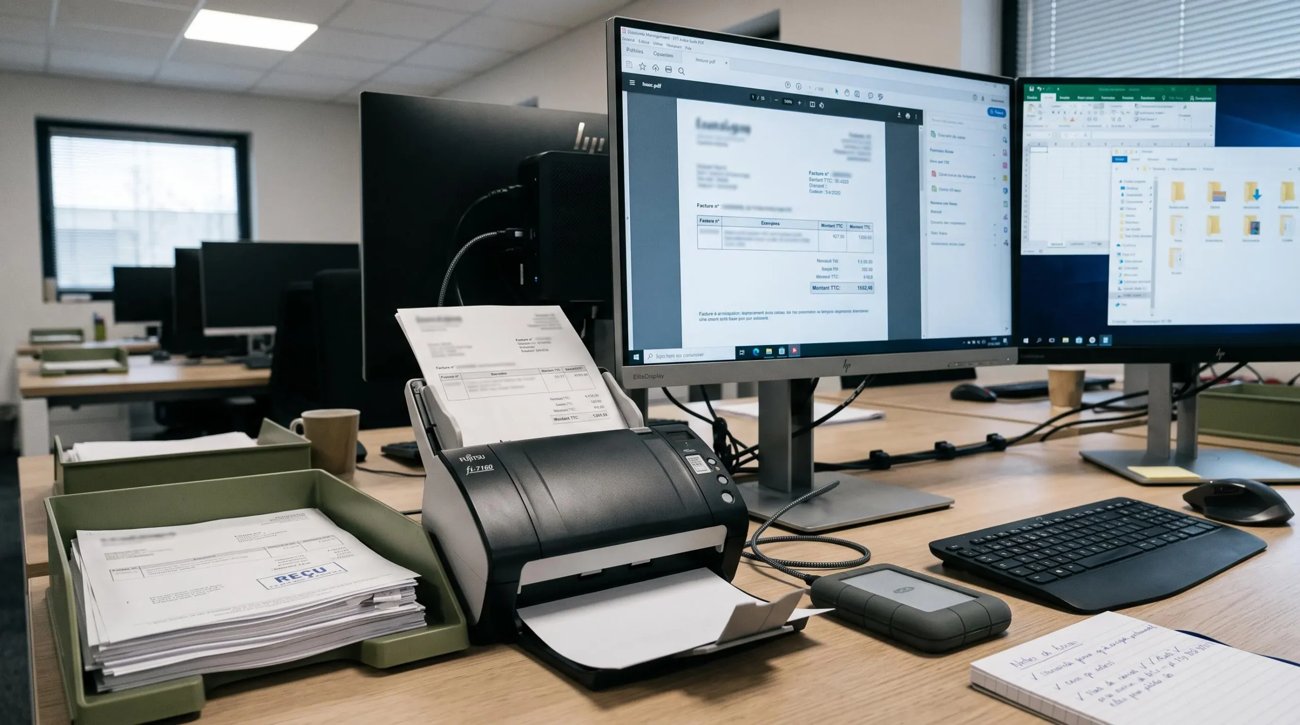 Gros plan sur un poste de travail équipé d'un scanner, d'un support de stockage et d'un écran de comptabilisation, avec des factures numérisées rangées à côté.