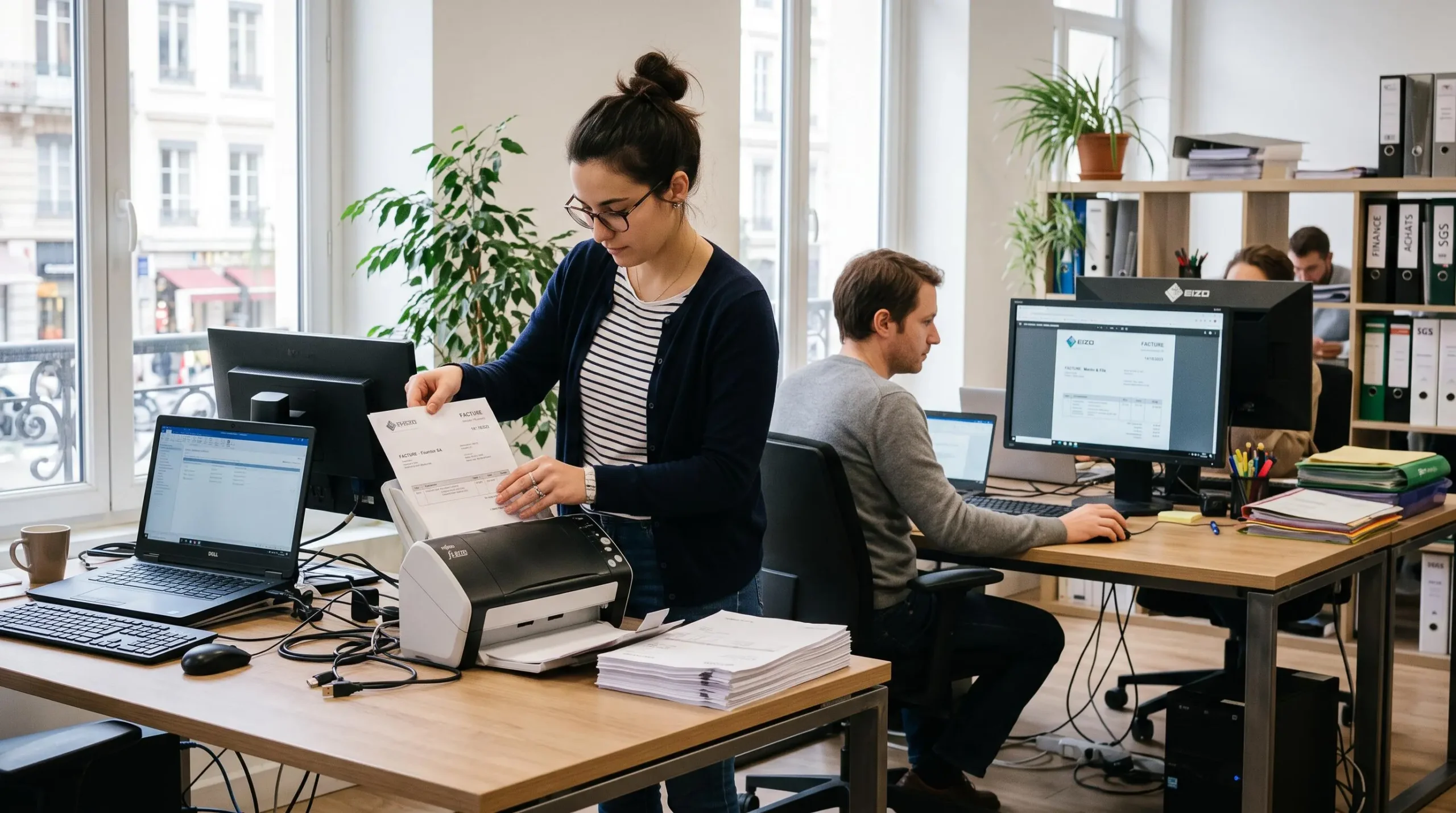Deux employés traitent des factures fournisseurs dans un bureau : l'un scanne des factures papier, l'autre examine des factures électroniques reçues sur son écran.